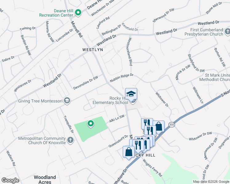 map of restaurants, bars, coffee shops, grocery stores, and more near 1013 Morrell Road in Knoxville