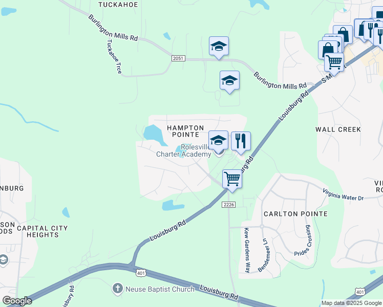 map of restaurants, bars, coffee shops, grocery stores, and more near 206 Hampton Lake Drive in Rolesville