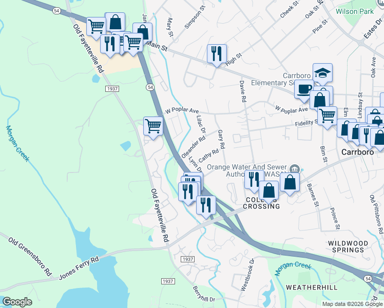 map of restaurants, bars, coffee shops, grocery stores, and more near 209 Oleander Road in Carrboro