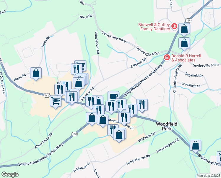 map of restaurants, bars, coffee shops, grocery stores, and more near 228 South Ridge Road in Knoxville