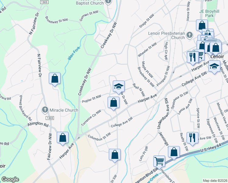 map of restaurants, bars, coffee shops, grocery stores, and more near 1512 Poplar Street Northwest in Lenoir