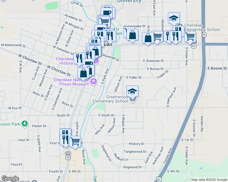 map of restaurants, bars, coffee shops, grocery stores, and more near 311 East Jo Street in Tahlequah