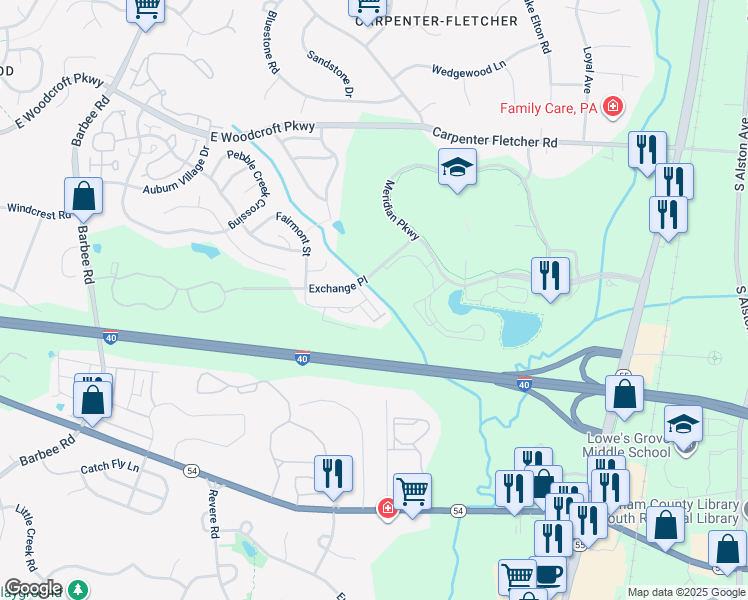 map of restaurants, bars, coffee shops, grocery stores, and more near 1107 Midtowne Way in Durham