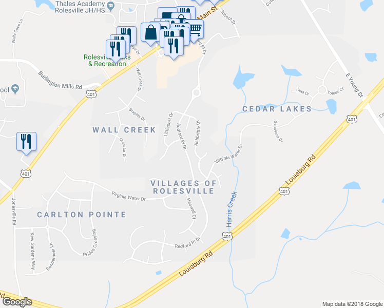 map of restaurants, bars, coffee shops, grocery stores, and more near 648 Ashbrittle Drive in Rolesville