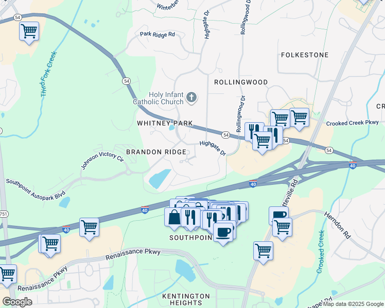map of restaurants, bars, coffee shops, grocery stores, and more near 519 Darby Glen Lane in Durham