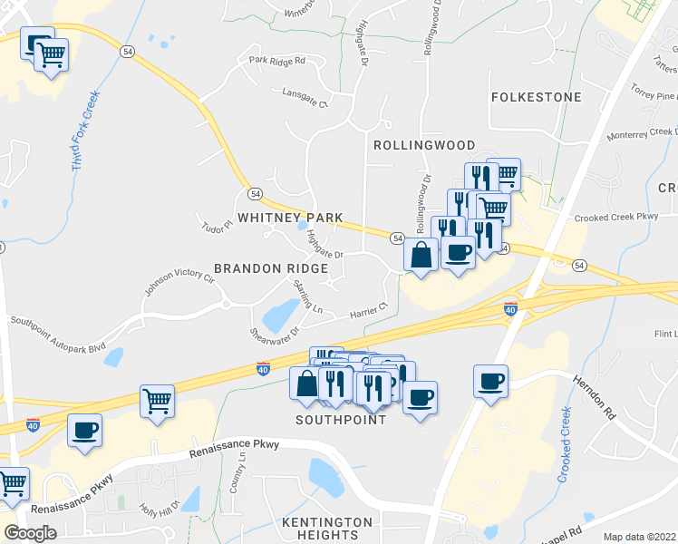 map of restaurants, bars, coffee shops, grocery stores, and more near 519 Darby Glen Lane in Durham