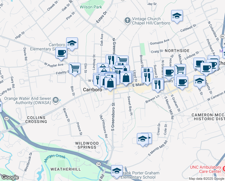 map of restaurants, bars, coffee shops, grocery stores, and more near 92 South Greensboro Street in Carrboro