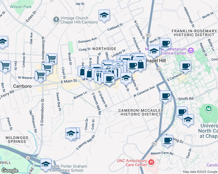 map of restaurants, bars, coffee shops, grocery stores, and more near 106 Basnight Lane in Chapel Hill