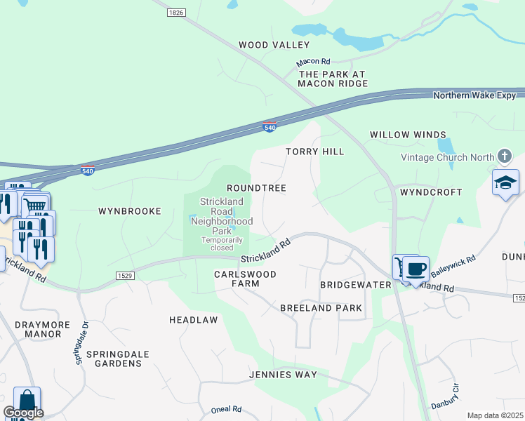 map of restaurants, bars, coffee shops, grocery stores, and more near 9613 Rock Creek Road in Raleigh
