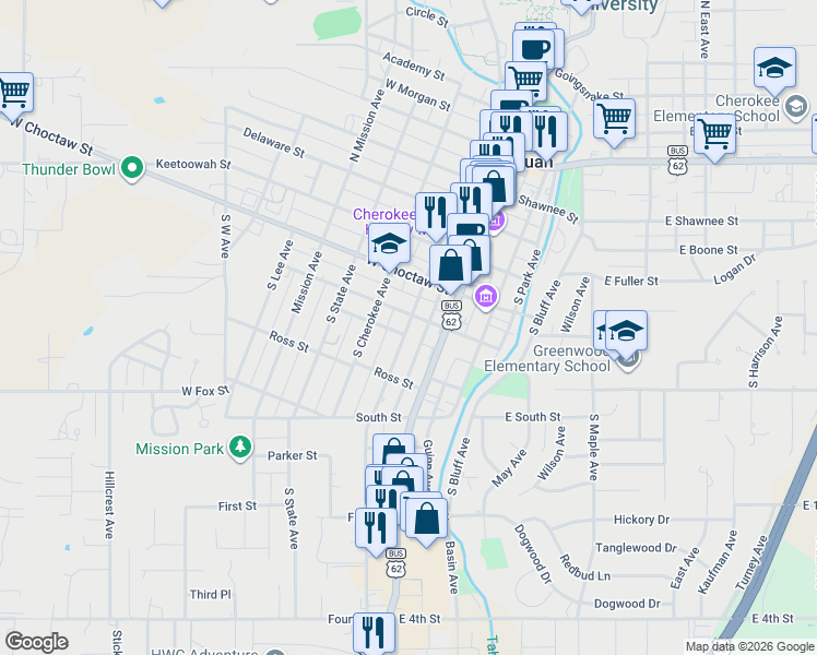 map of restaurants, bars, coffee shops, grocery stores, and more near 425 South College Avenue in Tahlequah