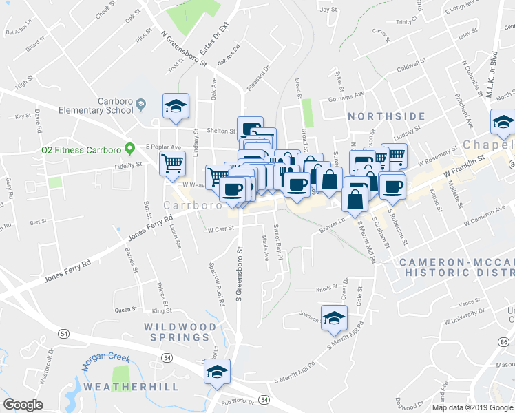 map of restaurants, bars, coffee shops, grocery stores, and more near 106 East Main Street in Chapel Hill