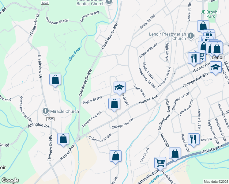 map of restaurants, bars, coffee shops, grocery stores, and more near 1512 Poplar Street Northwest in Lenoir