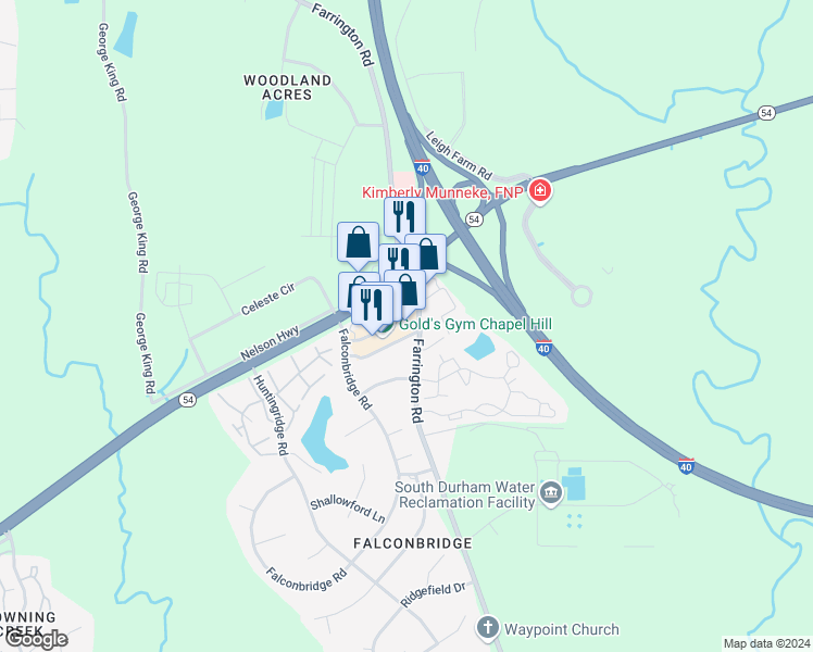 map of restaurants, bars, coffee shops, grocery stores, and more near 6120 Farrington Road in Chapel Hill