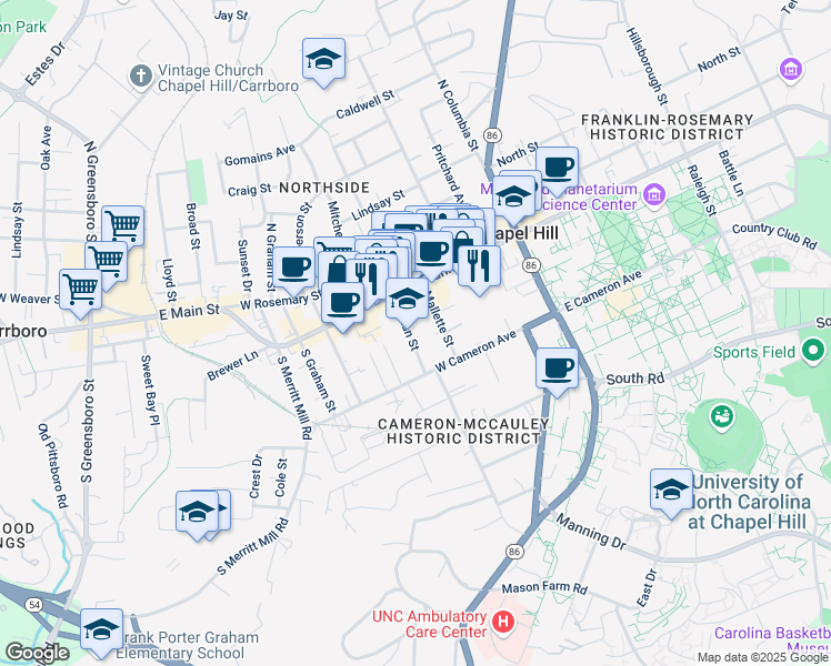 map of restaurants, bars, coffee shops, grocery stores, and more near 117 Kenan Street in Chapel Hill