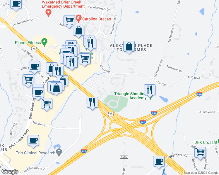 map of restaurants, bars, coffee shops, grocery stores, and more near 7631 ACC Boulevard in Raleigh