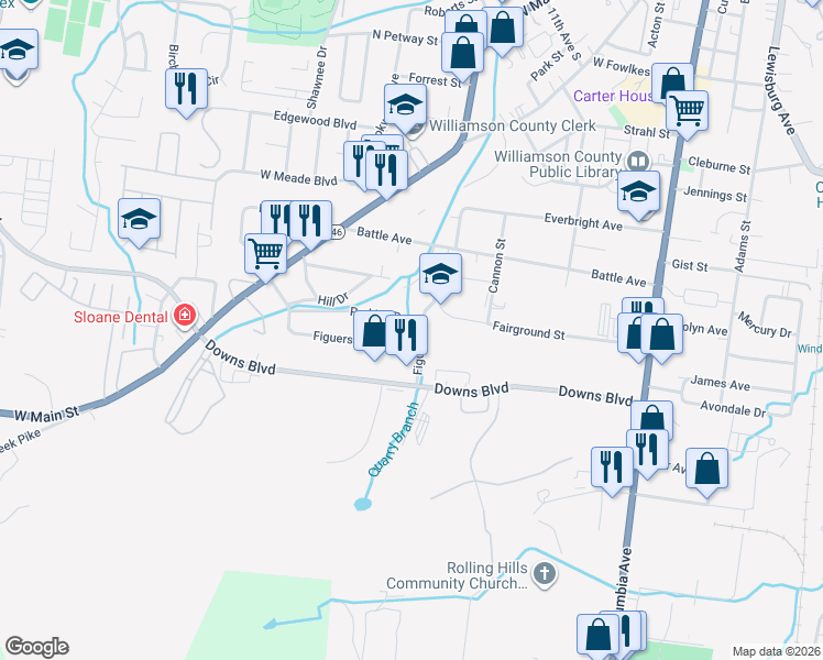 map of restaurants, bars, coffee shops, grocery stores, and more near 1502 Figuers Drive in Franklin