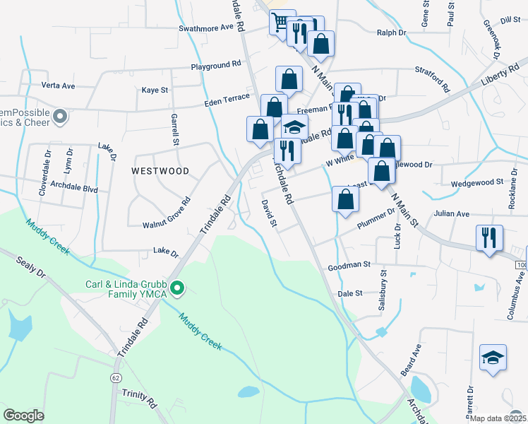 map of restaurants, bars, coffee shops, grocery stores, and more near 3804 David Street in Archdale