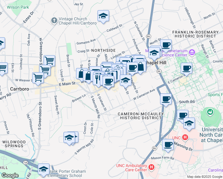 map of restaurants, bars, coffee shops, grocery stores, and more near 106 Basnight Lane in Chapel Hill
