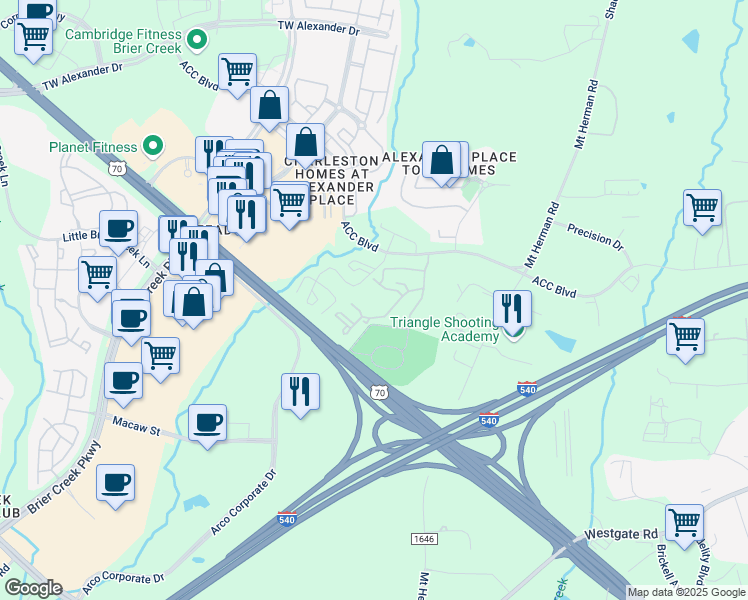 map of restaurants, bars, coffee shops, grocery stores, and more near 7631 ACC Boulevard in Raleigh