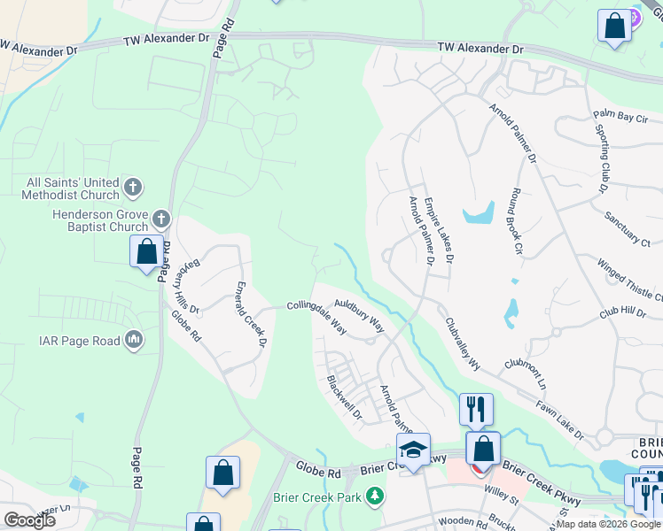 map of restaurants, bars, coffee shops, grocery stores, and more near 9506 Collingdale Way in Raleigh