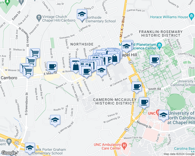 map of restaurants, bars, coffee shops, grocery stores, and more near in Chapel Hill