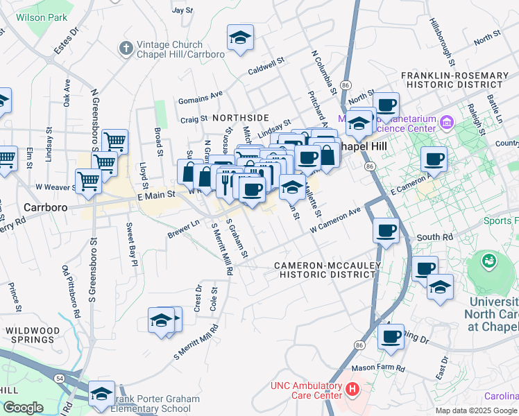 map of restaurants, bars, coffee shops, grocery stores, and more near 106 Basnight Lane in Chapel Hill