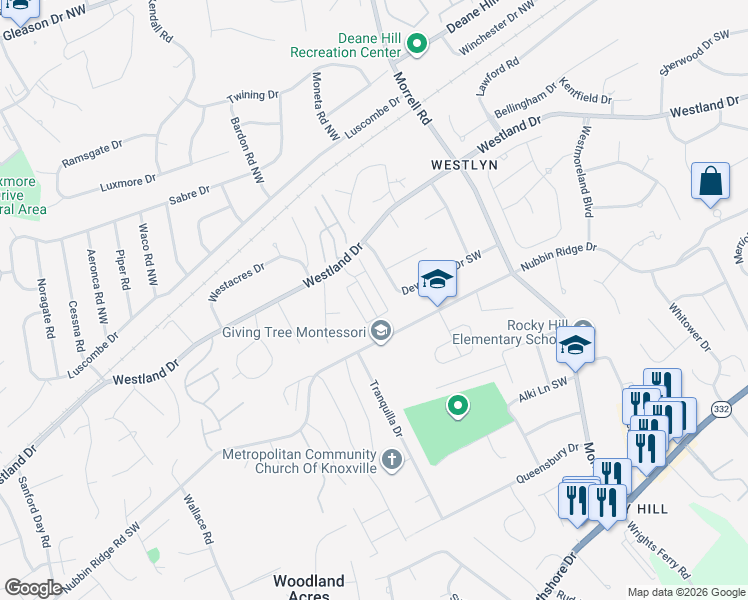 map of restaurants, bars, coffee shops, grocery stores, and more near 7756 Devonshire Drive Southwest in Knoxville