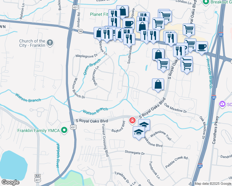 map of restaurants, bars, coffee shops, grocery stores, and more near 1701 Brockton Place in Franklin
