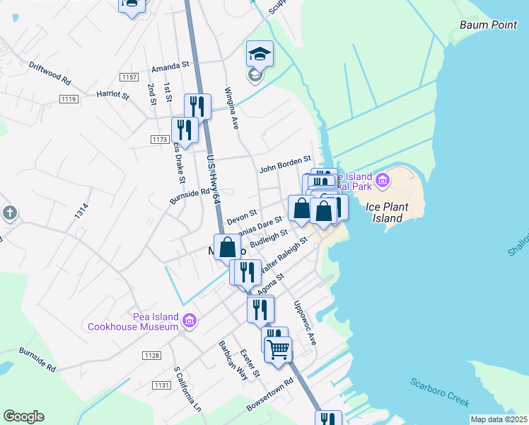 map of restaurants, bars, coffee shops, grocery stores, and more near 507 Wingina Avenue in Manteo