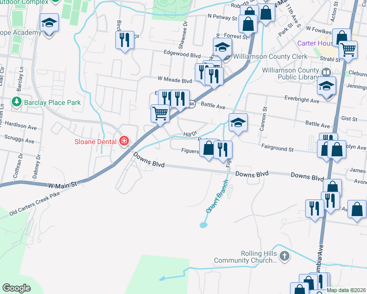 map of restaurants, bars, coffee shops, grocery stores, and more near 502 Figuers Drive in Franklin