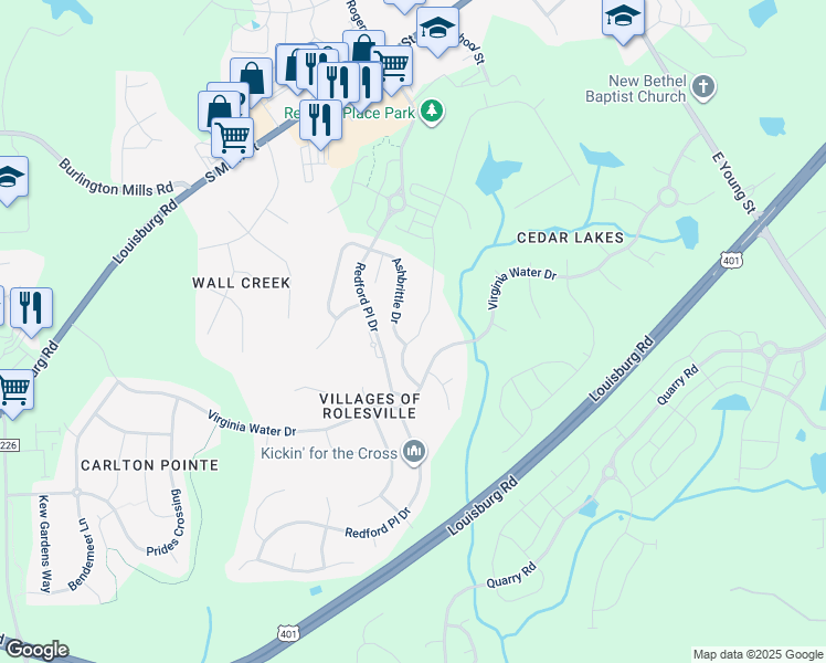 map of restaurants, bars, coffee shops, grocery stores, and more near 645 Long Melford Drive in Rolesville