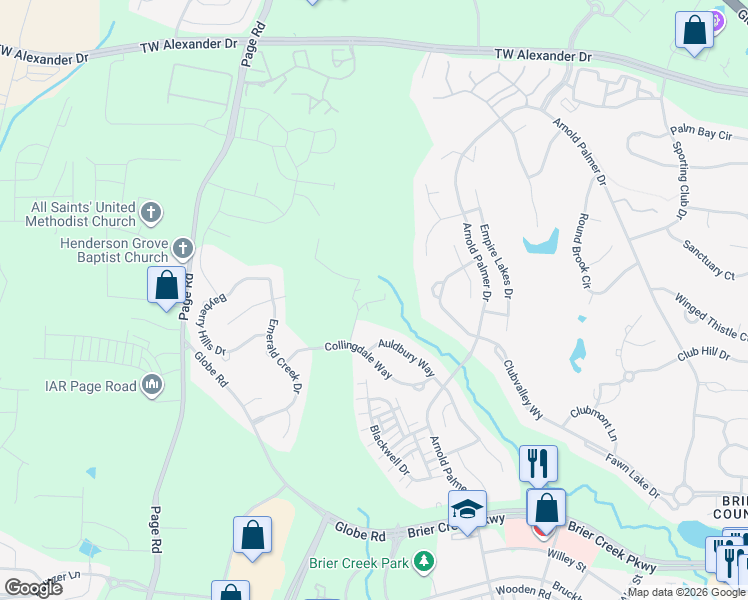 map of restaurants, bars, coffee shops, grocery stores, and more near 9506 Collingdale Way in Raleigh