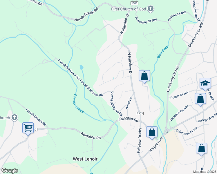 map of restaurants, bars, coffee shops, grocery stores, and more near 2220 Powell Brickyard Road in Lenoir