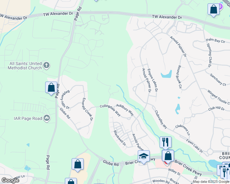 map of restaurants, bars, coffee shops, grocery stores, and more near 9506 Collingdale Way in Raleigh