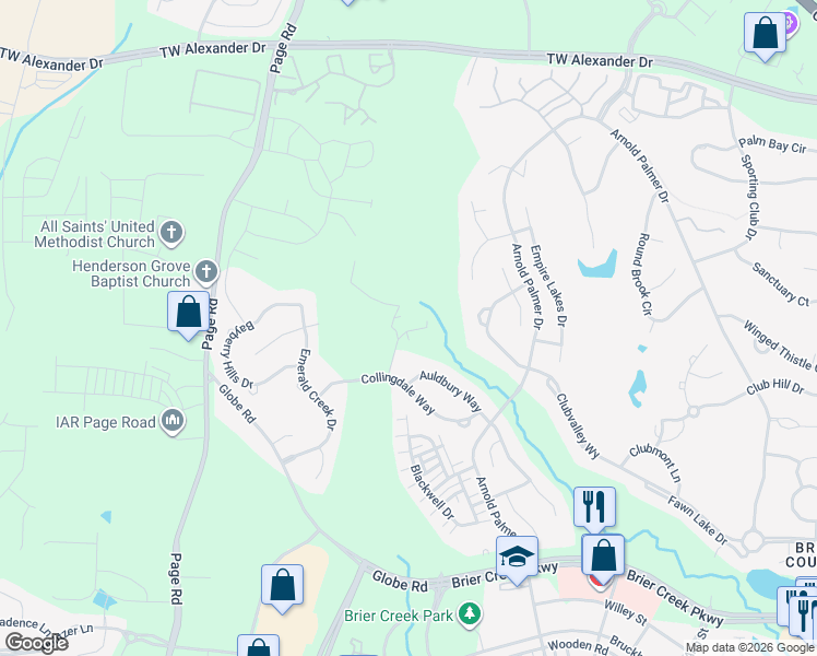 map of restaurants, bars, coffee shops, grocery stores, and more near 9506 Collingdale Way in Raleigh