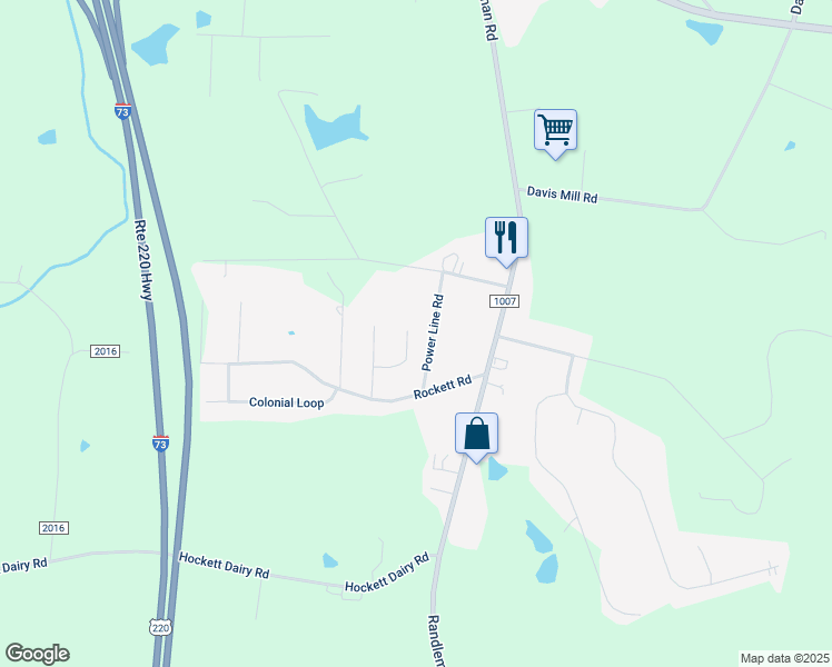 map of restaurants, bars, coffee shops, grocery stores, and more near 7177 Power Line Road in Randleman