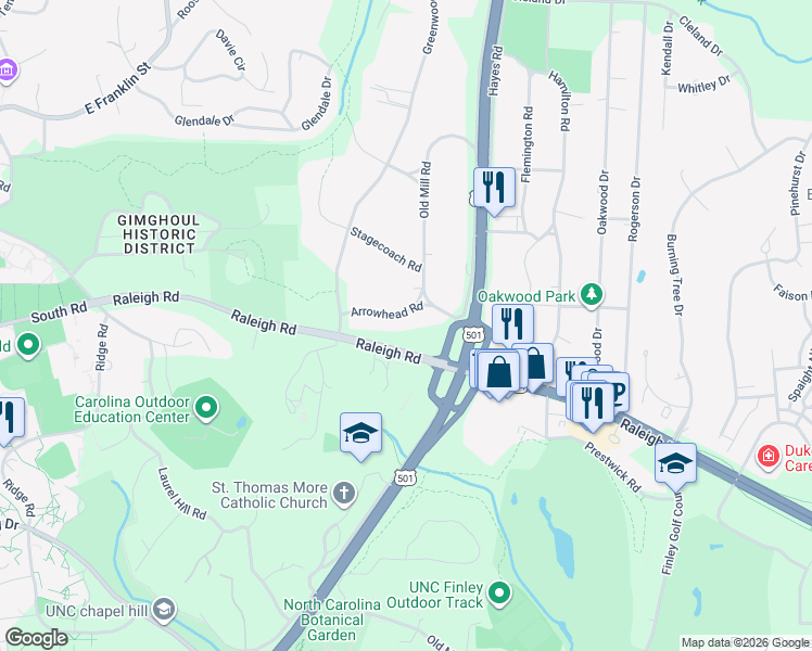 map of restaurants, bars, coffee shops, grocery stores, and more near 908 Arrowhead Road in Chapel Hill
