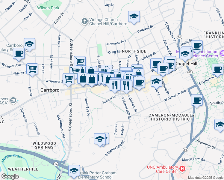map of restaurants, bars, coffee shops, grocery stores, and more near 410 East Main Street in Carrboro