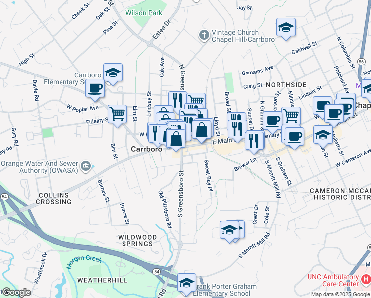 map of restaurants, bars, coffee shops, grocery stores, and more near 92 South Greensboro Street in Carrboro