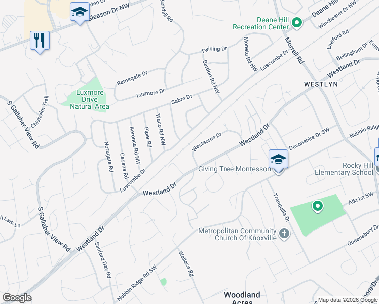 map of restaurants, bars, coffee shops, grocery stores, and more near 7903 Westacres Drive in Knoxville