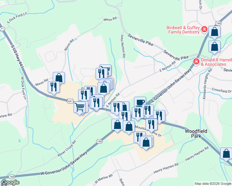 map of restaurants, bars, coffee shops, grocery stores, and more near 111 East Norton Road in Knoxville
