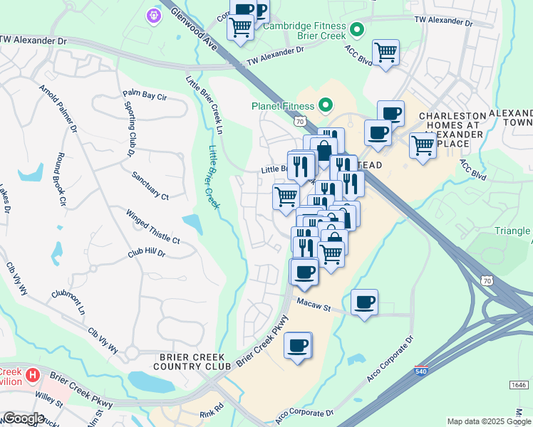 map of restaurants, bars, coffee shops, grocery stores, and more near 8203 Autumn Hill Terrace in Raleigh