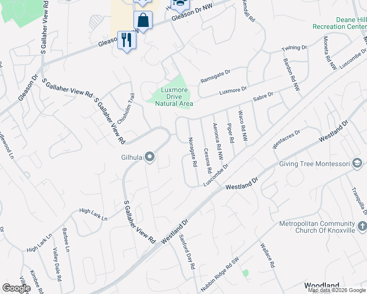 map of restaurants, bars, coffee shops, grocery stores, and more near 801 Normandy Drive Southwest in Knoxville