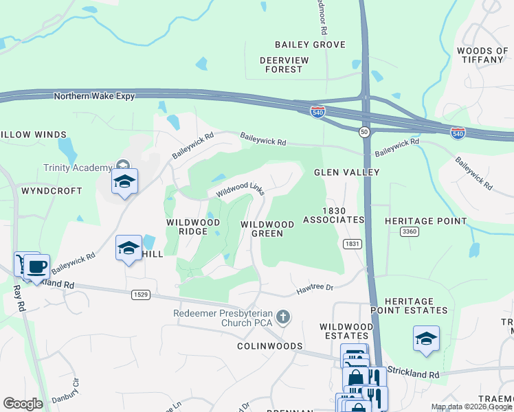 map of restaurants, bars, coffee shops, grocery stores, and more near 8844 Wildwood Links in Raleigh