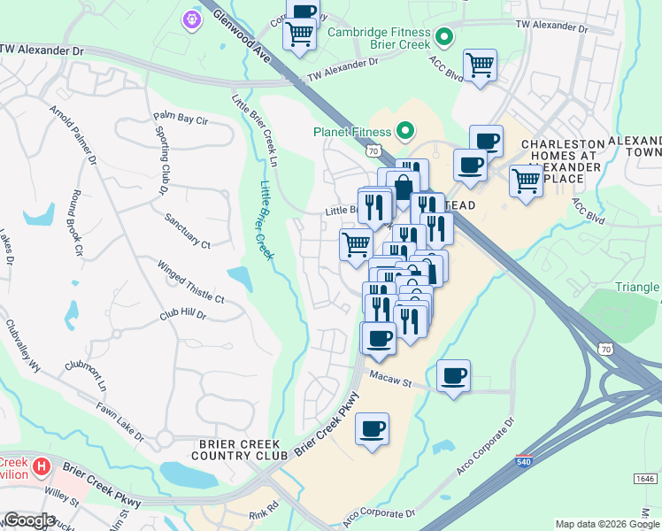 map of restaurants, bars, coffee shops, grocery stores, and more near 8203 Autumn Hill Terrace in Raleigh