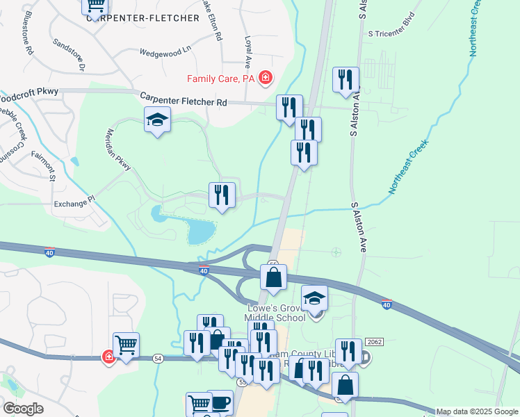 map of restaurants, bars, coffee shops, grocery stores, and more near 2505 Meridian Parkway in Durham