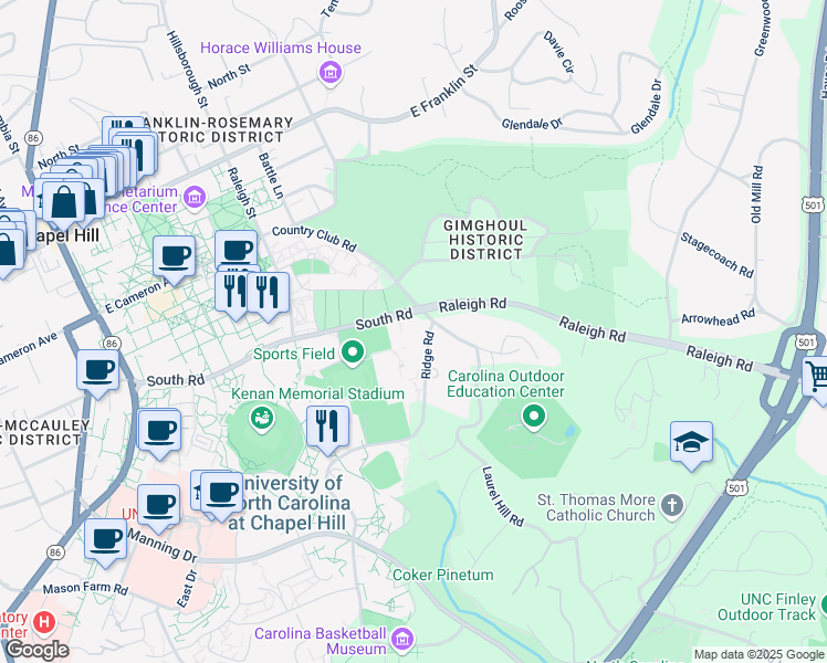 map of restaurants, bars, coffee shops, grocery stores, and more near 380 South Road in Chapel Hill