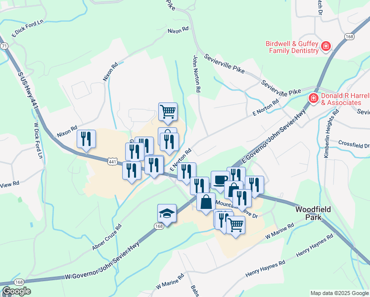 map of restaurants, bars, coffee shops, grocery stores, and more near 111 East Norton Road in Knoxville