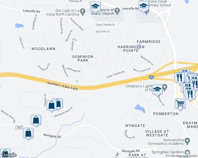 map of restaurants, bars, coffee shops, grocery stores, and more near 9301 Dominion Boulevard in Raleigh