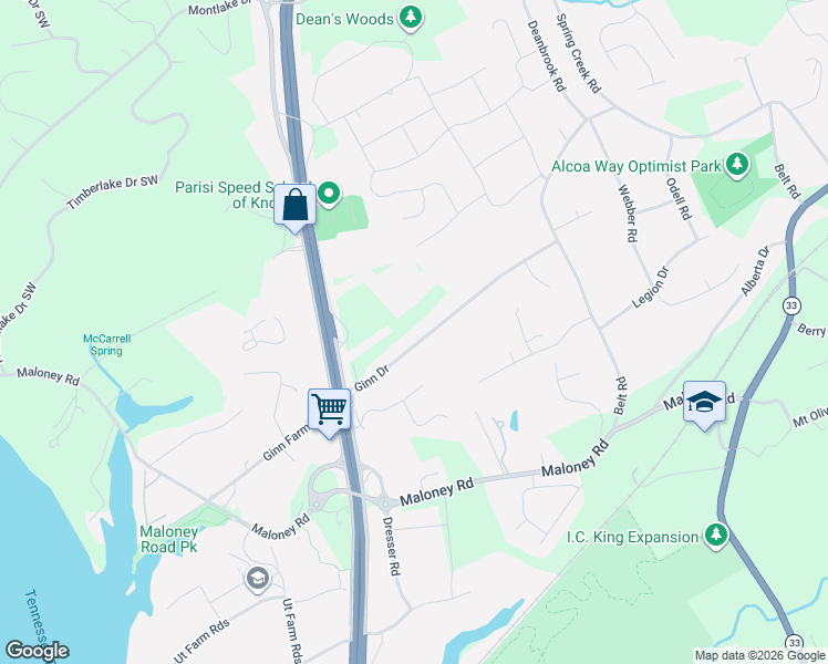 map of restaurants, bars, coffee shops, grocery stores, and more near 3213 Ginn Drive in Knoxville